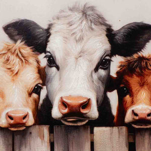 Drei Kälbchen mit großen Kulleraugen und niedlichen Wimpern schauen von einem Acrylgemälde.
