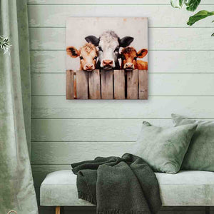 Drei Kälbchen schauen mit großen Augen von einem Acrylgemälde an einer grünen Wand welches hängt.