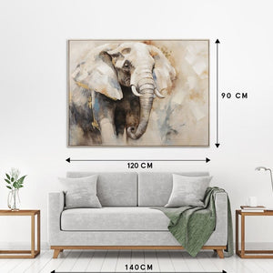 Das gerahmte Gemälde zeigt das Motiv eines afrikanischen Elefanten und hängt an einer weißen Wand über einem hellgrauen Sofa. Über Maßpfeile werden die Abmessungen dargestellt: Das Kunstwerk misst 120 cm in der Breite und 90 cm in der Höhe, während das darunter stehende Sofa eine Breite von 140 cm hat.