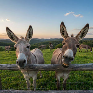 Ein quadratisches Foto zeigt zwei Esel im Vordergrund, die neugierig über einen rustikalen Holzzaun direkt in die Kamera blicken, wobei der rechte Esel lustig flehmt. Im Hintergrund grasen vier weitere Esel auf einer weiten grünen Weide, die von bewaldeten Hügeln unter einem sanften Abendhimmel begrenzt wird.
