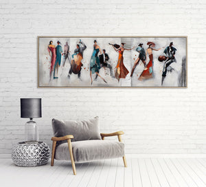 Dieses Gemälde zeigt eine Gruppe bunter Tangomusiker und Tangotänzer. Das Gemälde wurde mit Metallelementen veredelt und hängt an einer weißen Wand.