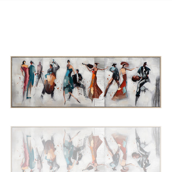 Das Gemälde von Imageland zeigt bunte Tangotänzer und Tangomusiker auf einem grauen Hintergrund. das Gemälde wirkt sehr dynamisch.