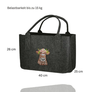 Hier sind die Maße und die Belastbarkeit mit 15 kg angegeben. Die Daten beziehen sich auf den dunkelgrauen Filzshopper mit der eingestickten Kuh.