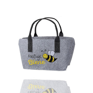 Hellgraue Filztasche von Gilde mit der Aufschrift fleißige Biene, praktischer Filzshopper