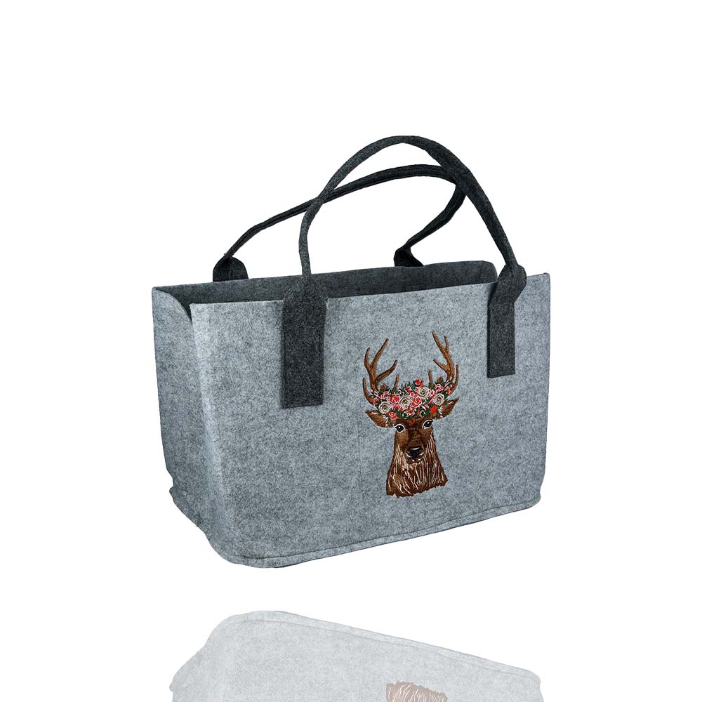 Filztasche Filzshopper „Hirschkopf mit Blumen“, hellgrau, GILDE