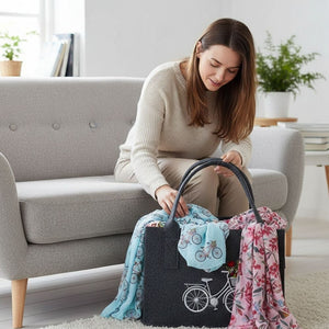Eine junge Frau sitzt auf einem grauen Sofa und beugt sich über ihre Filztasche  die mit bunten Schals gefüllt ist. Auf der Filztasche oder Filzshopper ist ein Fahrrad eingestickt.