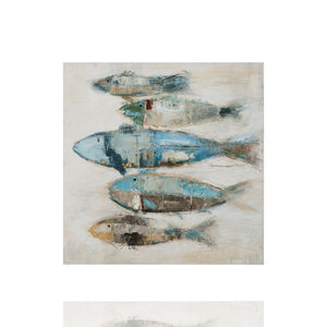 Ein quadratisches Acrylemälde mit einem handgemalten türkisen und blauen Fischschwarm.