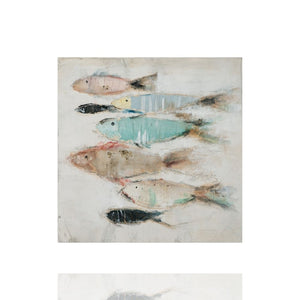 Ein Fischschwarm ist auf einem Acrylgemälde in den Farben Türkis und braun zu sehen.