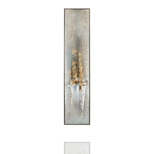 Goldfarbenes abstraktes Gemälde mit Rahmen. Die Hauptfarben sind Gold, Weiß und Erdtöne.