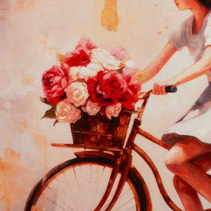 Auf einem Fahrrad ist ein Blumenkorb montiert in dem rote und weiße Rosen stehen. Es ist eine Detailaufnahme vom Gemälde Flowers in the Air.