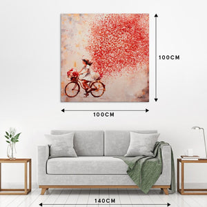 An der weißen Wand stehen die Maße vom Gemälde mit dem Namen Flowers in the Air. 100 x100 cm