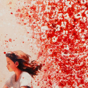Auf einem Acrylgemälde sieht man eine rote Wolke aus Rosenblüten und Blütenblättern