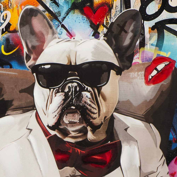 Acryllbild von einer französischen Bulldogge mit einer dunklen Sonnenbrille. Detailbild vom Kopf des Frenchies