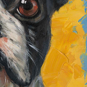 Die Französische Bulldogge ist mit Acrylfarbe auf Leinwand gemalt. Hier kann man jeden Pinselstrich erkennen.