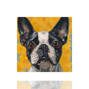 Die Französische Bulldogge Oskar ist in Acrylfarbe gemalt. Der schwarz weiße Fluffy Frenchie sieht einfach drollig aus.