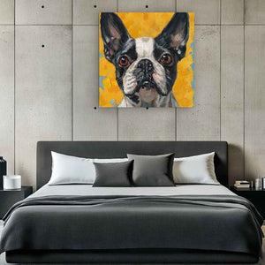 Eine schwarz weiße Französische Bulldogge hängt als Acrylgemälde über dem Bett im Schlafzimmer