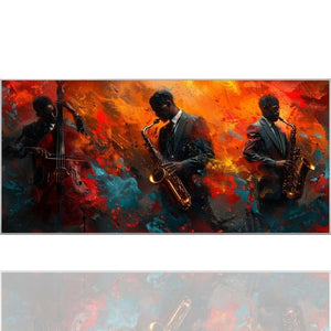 Drei Jazzmusiker bei einem Jazzkonzert sind auf einem Kunstdruck zu sehen. Die drei Musiker spielen  Saxophone und Cello.