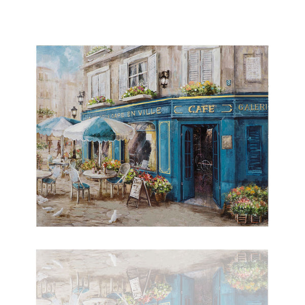 Auf dem Acrylgemälde ist ein typisches französisches Cafe zu sehen. Vor dem Cafe stehen Sonnenschirme, Tische, Stühle und Blumen