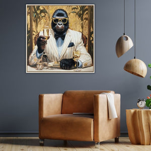 Boss Mode, Gorilla im Anzug mit Sektglas, Acrylgemälde Quadrat 100 x 100 cm, ImageLand