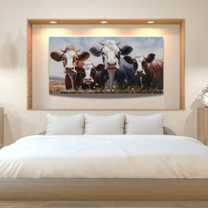 Das Acrylgemälde Milky Four mit Kühen und Kälbchen, elegant platziert in einer beleuchteten Wandnische über dem Bett im Schlafzimmer.