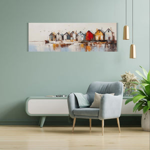 Auf einem Gemälde sieht man bunte Häuser an einem See. Es könnte aber auch ein Fjord in Finnland sein.