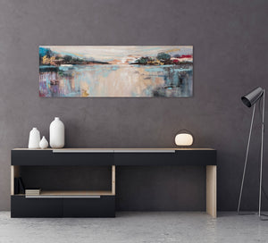 Ein schönes Bild von einem See und dem Seeufer welches sich im Wasser spiegelt. Das Gemälde hängt im Büro an einer Wand.