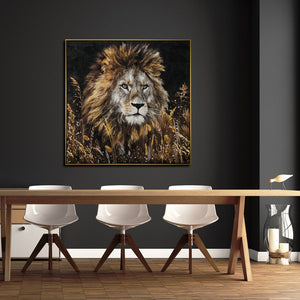 Löwen Gemälde von einem afrikanischen großen Löwen mit großer Mähne auf einem schwarzen oder dunklen Untergrund. 