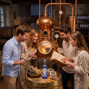 In einer französischen Destille stehen zwei Paare rings um ein Fass. Darauf steht eine blaue Flasche französischer Gin Citadelle.