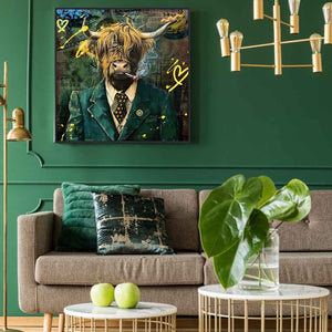 Der Gentleman Bull ist auf einem Gemälde zu sehen. Der Stier, ein schottisches Hochlandrind, raucht eine Zigarette.