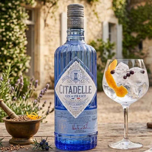 Französischer Gin in einer blauen schönen Flasche. Auf der Flasche steht Gin de France.