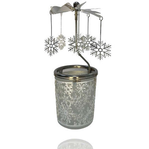 Glas-Karusell-Windlicht. Das Oberteil mit den Schneeflocken dreht sich wenn vom Teelicht die Wärme empor steigt. das satinierte Glas zeigt ebenfalls Schneeflocken.