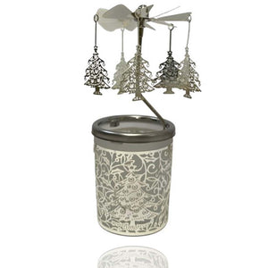 Glas Karusell Windlicht mit Tannenbaum Anhänger. Das Oberteil dreht sich wenn ein Teelicht ins transparente Windlicht gestellt wird