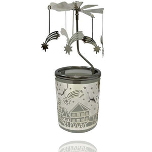 Glas-Karusell-Windlicht und Sternschnuppe. Auf dem satinierten Glas ist ein Teil der Weihnachtsgeschichte dargestellt.