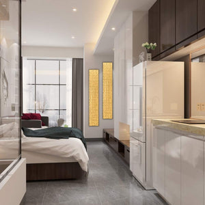 Wohnung mit zwei goldenen Schrifttafeln. Acrylgemälde von ImageLand mit Metallfolie veredelt.