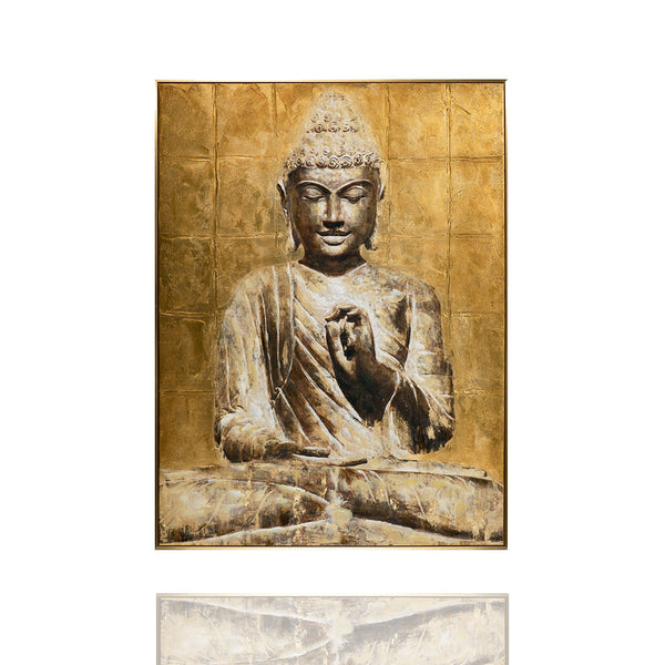 Das Gemälde zeigt  einen Buddha in Gold. Der Buddha sitzt im Schneidersitz und macht eine typische Handgeste.