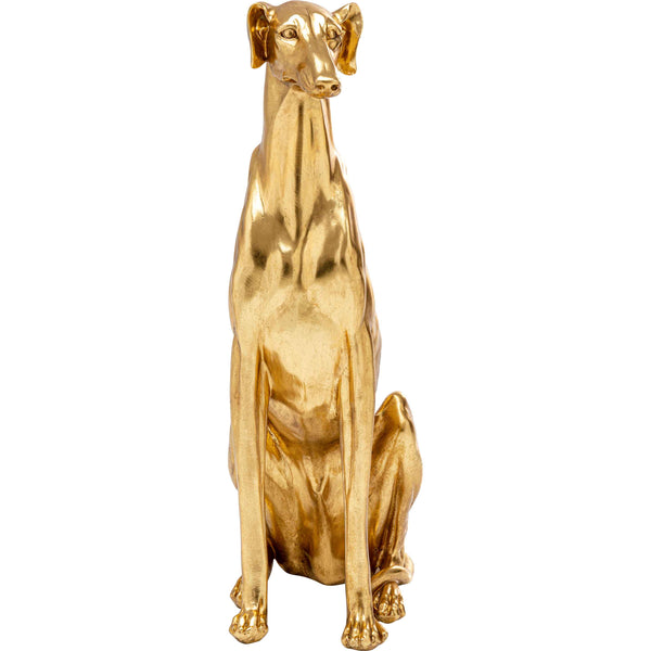 Eine goldene Skulptur eines sitzenden Windhunds von KARE. Die elegante Figur zeigt einen Windhund in sitzender Position, mit glänzendem goldfarbenem Finish. Die Skulptur verleiht jedem Raum eine Hauch von Luxus und Stil.