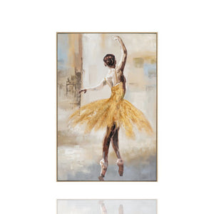 Elegantes Wandbild einer Ballerina im goldenen Tutu. Handgemaltes Acrylbild mit einer Tänzerin in Tanzpose auf Rollen-Hintergrund in Beige und Grau, moderner Kunststil für das Wohnzimmer.