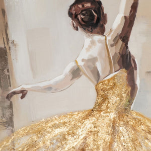 Detailaufnahme eines modernen Ballerina Gemäldes mit fühlbarer Struktur. Die Nahaufnahme zeigt die glänzende Goldoptik des Tutus und die dynamischen Pinselstriche der Balletttänzerin in Beige und Braun.
