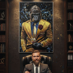 Der mächtige Gorilla im goldenen Anzug, der goldenen Uhr und einem Weinglas in der Hand ist ein idales Bild für ein Büro in dem Network Marketing betrieben wird. das Gemälde strahlt Stärke aus.
