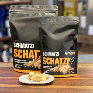 Schatzi Schmatz, weiße Schokolade mit Salzbrezel, Popcorn von Pottkorn