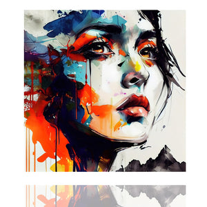 Auf dem Bild ist eine nachdenkliche Frau im zu sehen. Das Gemälde heisst Graffity Schönheit in Orange und ist von ImageLand