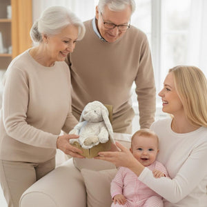 Großeltern übergeben der Mutter eine Kuscheldecke in Form eines Stofftiers der ein Hase ist. Das Baby freut sich.
