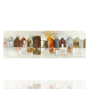 Auf einem Acrylgemälde sieht man Häuschen die teilweise mit Metall veredelt wurden. Idylisches Gemälde einer Landschaft am See.