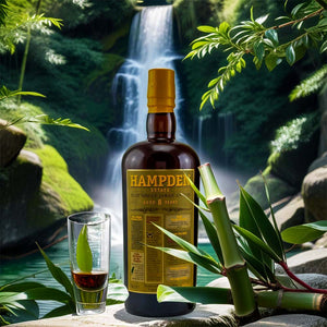 Eine Flasche Hampden Estate Pure Single Jamaican Rum steht vor einem Wasserfall in der Karibik