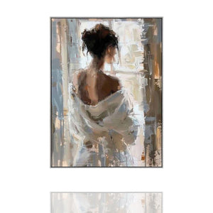 Eine Frau schaut verträumt aus dem Fenster Sie trägt einen Bademantel der ihr von den Schultern rutscht. Dieses handgemalte Acrylgemälde ist ideal für ein Esszimmer oder Schlafzimmer
