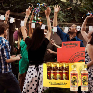 Auf einer Party darf der Quittenlikör Hermännche nicht fehlen. Die kleinen leckeren Shots kommen gut an.