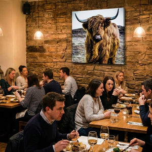In einem gemütlichen Restaurant mit rustikalen Steinwänden speisen mehrere Gästegruppen an Holztischen, während ein beleuchtetes, quadratisches Wandbild eines schottischen Hochlandrindes als zentraler Blickfang im Raum hängt.