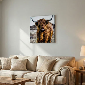 In einem modernen, hellen Wohnzimmer hängt ein quadratischer Leinwanddruck eines schottischen Hochlandrindes über einem gemütlichen beigen Sofa mit Kissen und Decke, ergänzt durch einen Holztisch im Vordergrund.