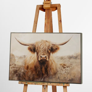 
Modernes Leinwandgemälde eines schottischen Highland-Rinds in warmen Erdtönen auf einer Holzstaffelei vor weißem Hintergrund für stilvolle Wanddekoration und Landhaus-Interieur.