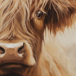 Wandbild schottisches Hochlandrind in Beige und Braun, detailliertes Gemälde eines Highland Cattle mit langen Hörnern und zotteligem Fell im modernen Aquarell-Stil für eine gemütliche Wohnatmosphäre.